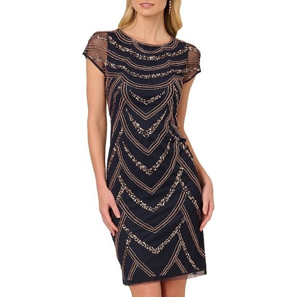 Adrianna Papell Navy Blue Sequin Beaded Art Deco Sheath Cocktail Dress NEW‎ 10